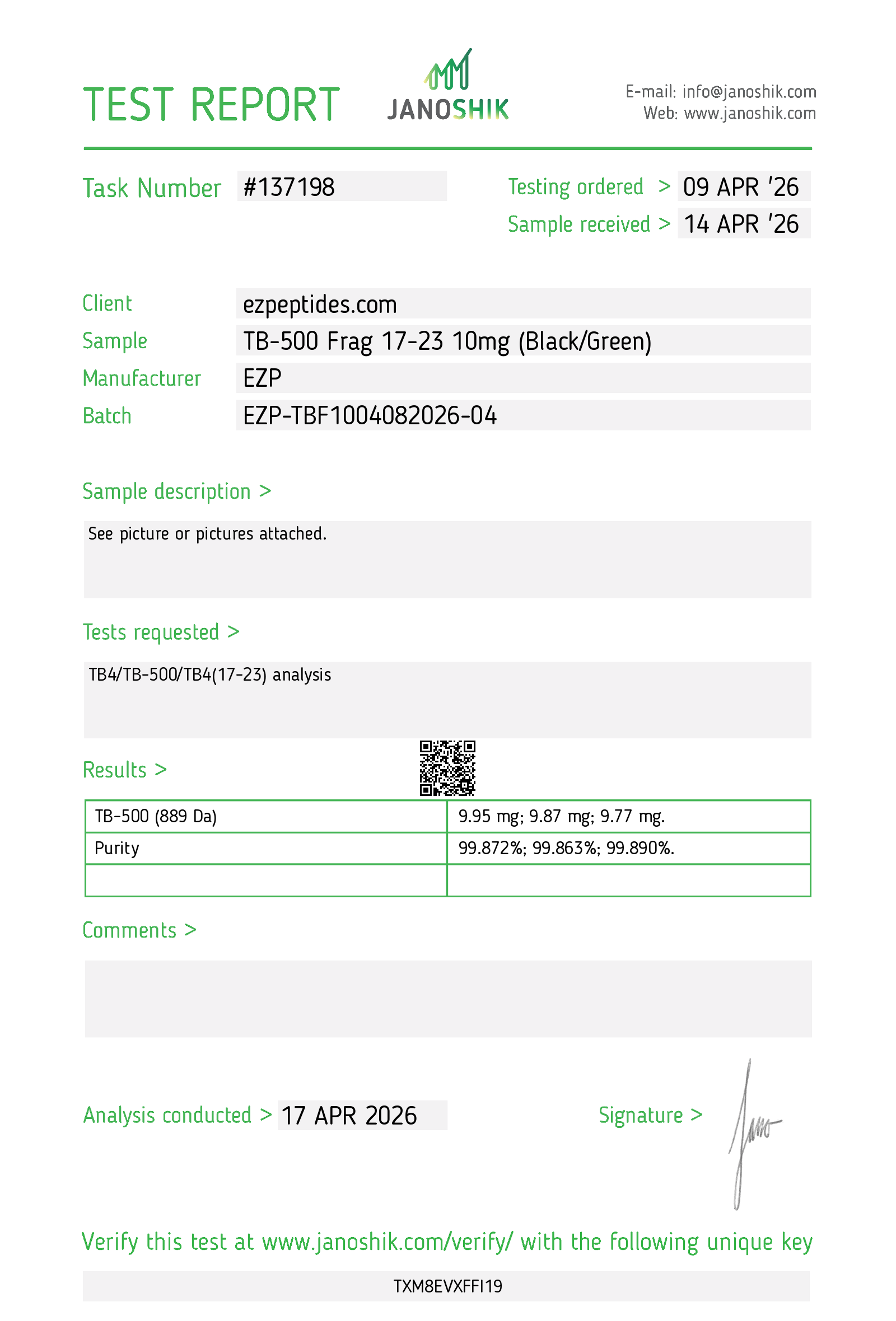 Test-Report-137198-TB TB-500 Frag 17-23 10mg - Ez Peptides